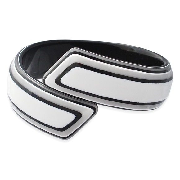 Vintage Lea Stein Bypass Bangle Bracelet Black, White, Gray Striped Plastic - Picture 2 of 3